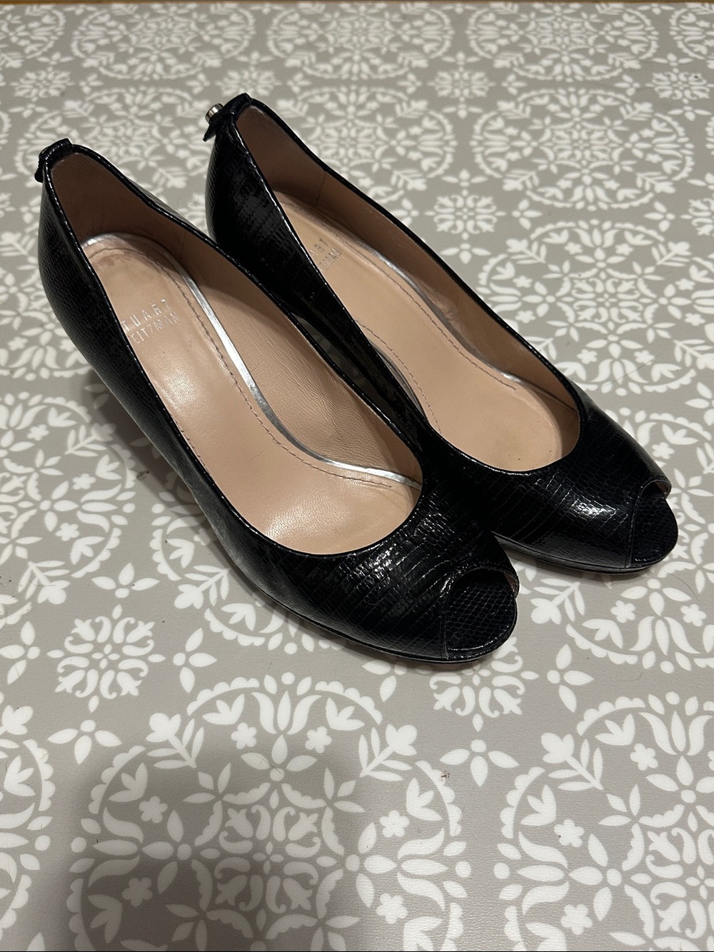 Stuart Weitzman Black Peep-Toe Embossed Heels